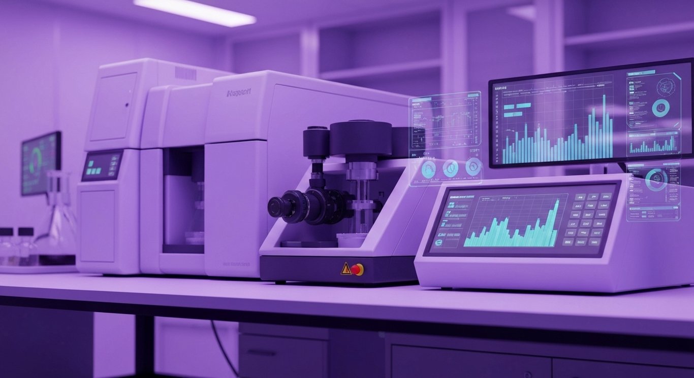 Laboratory equipment with digital data overlays in a sleek workspace lit by soft purple hues
