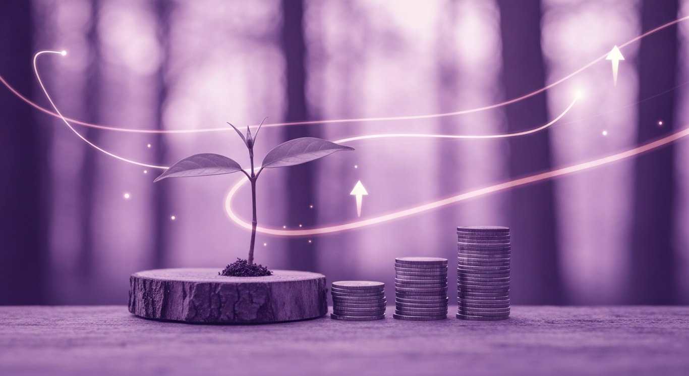 Sapling on timber slice beside rising coin stacks with soft forest silhouettes and gentle upward light trails