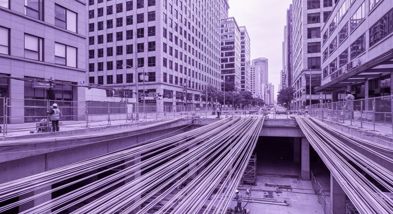 Fiber optic cable networks being installed by workers in a modern city setting with purple hues