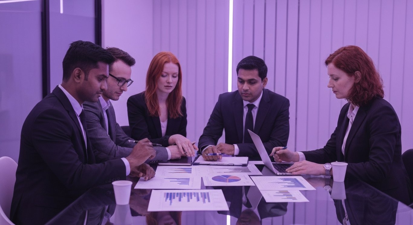 Business professionals collaborating at a glass table with digital devices in a purple-lit modern office