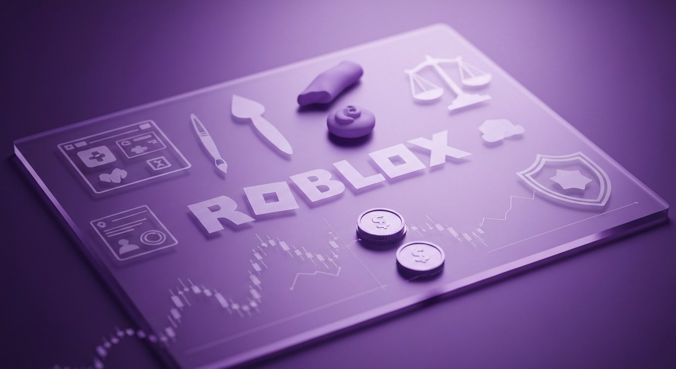 Logo on frosted glass with creator tools, legal scales, compliance shield, and candlestick chart in soft purple glow