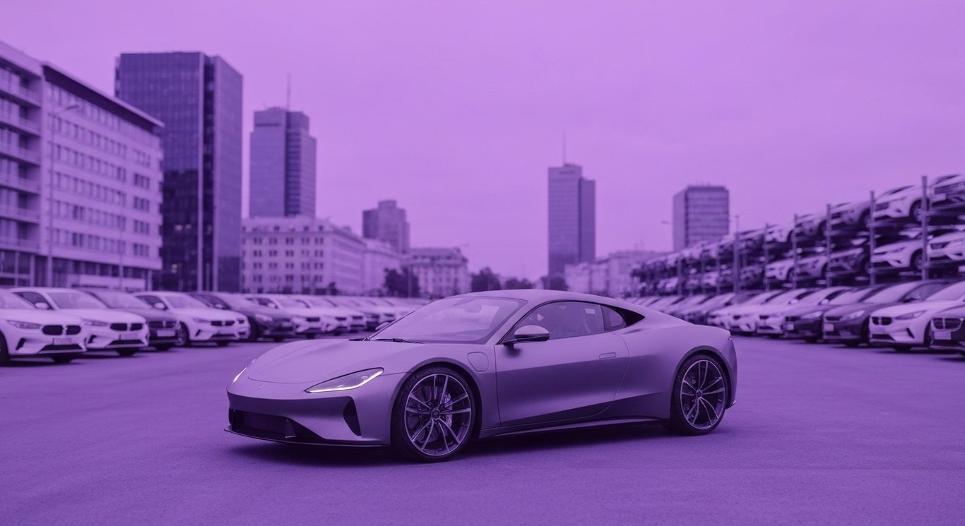 Electric car with competing vehicles and overstocked lots in a modern European city setting