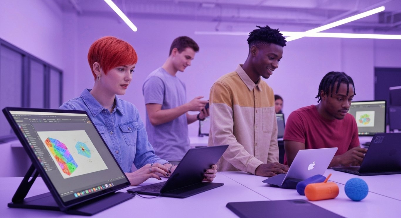 Group of people using laptops and tablets in a stylish workspace with purple lighting