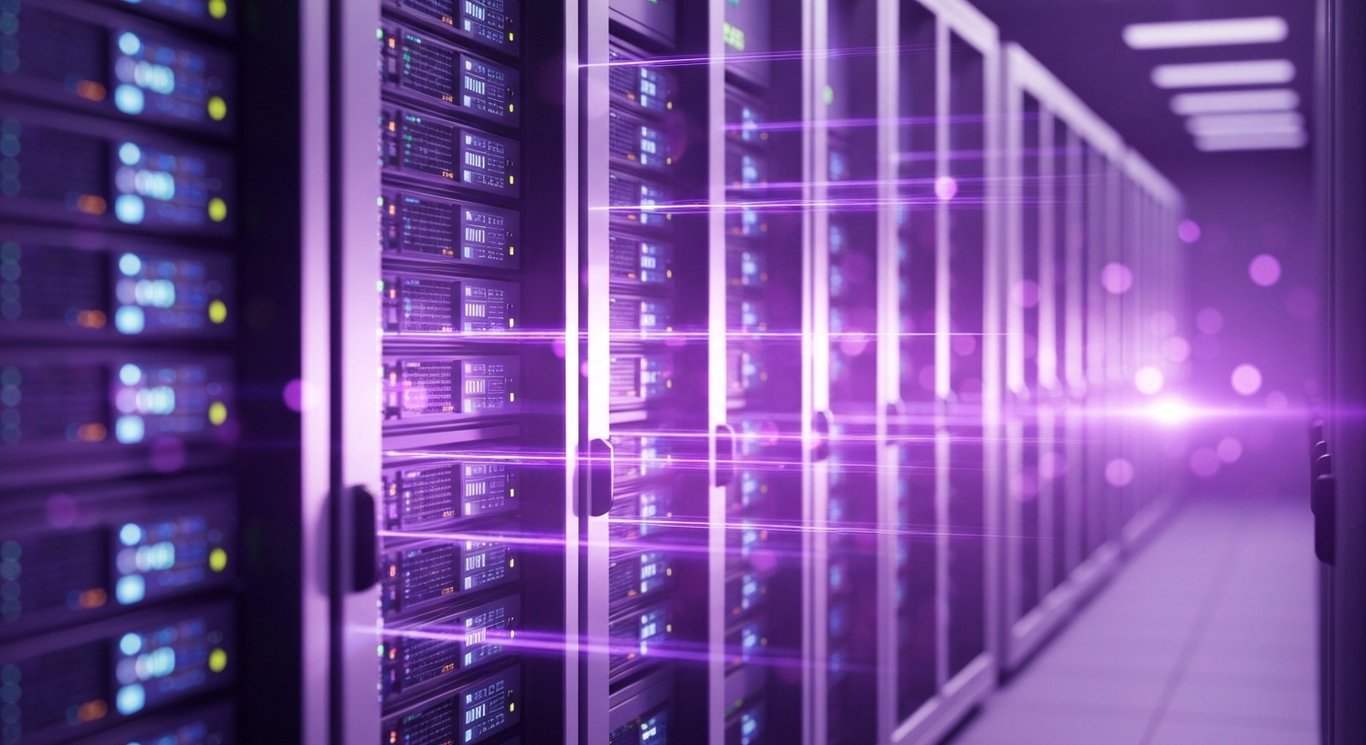Server racks with glowing data streams in a modern data center aisle with soft depth of field and purple bokeh glow