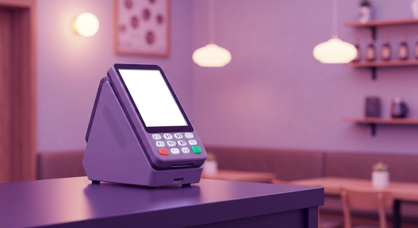 Digital payment terminal on sleek countertop with blurred café background