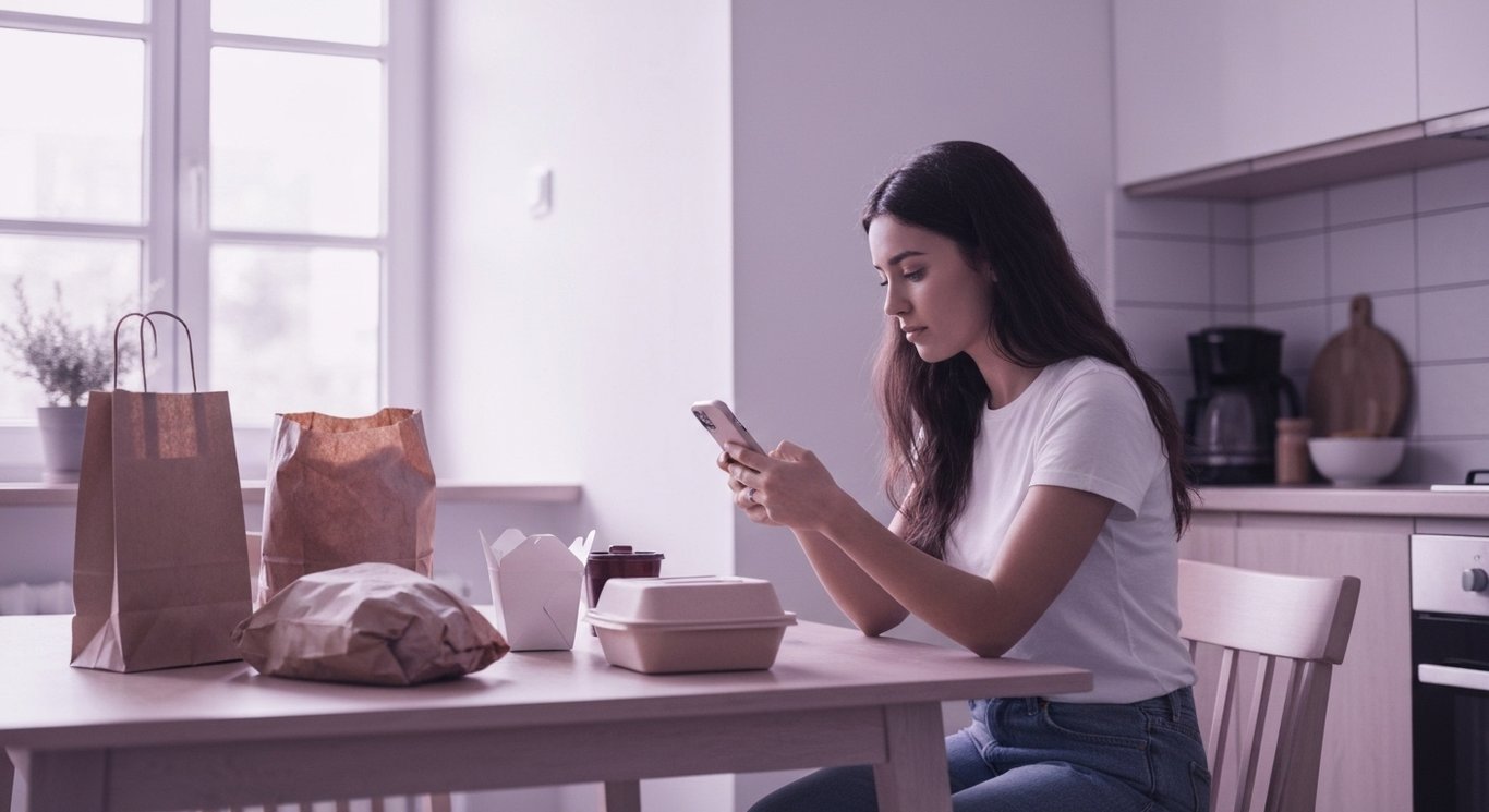 Young woman with smartphone at kitchen table surrounded by grocery bags and takeout containers