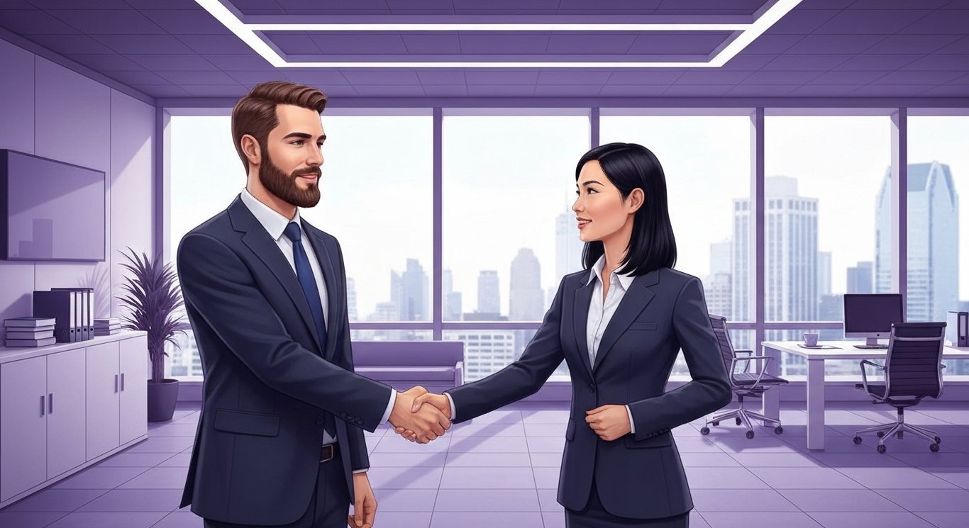 Two business professionals shaking hands in a modern office with a city skyline in the background