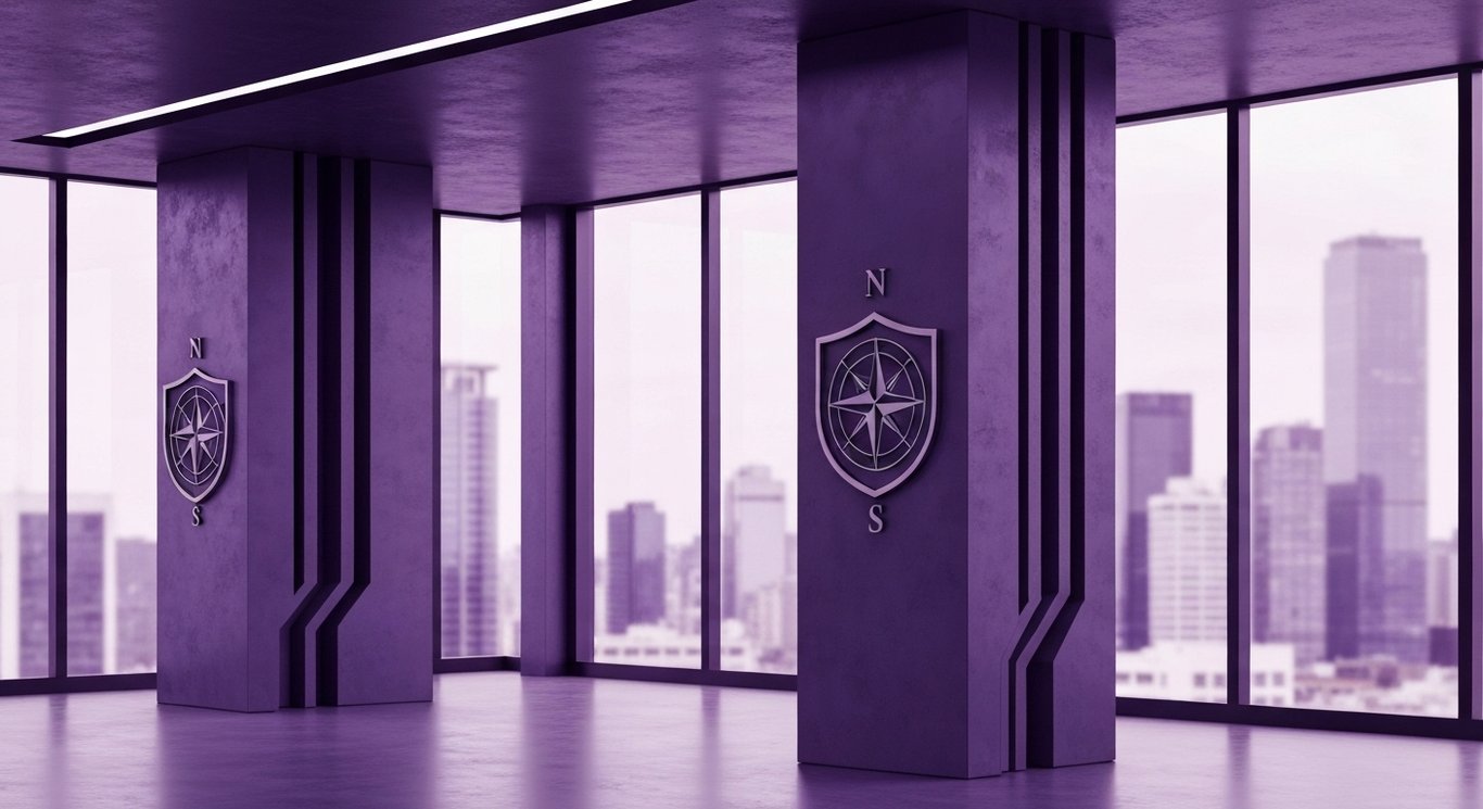 Abstract geometric pillars with compass and shield on a glass table in a modern boardroom overlooking a twilight city skyline