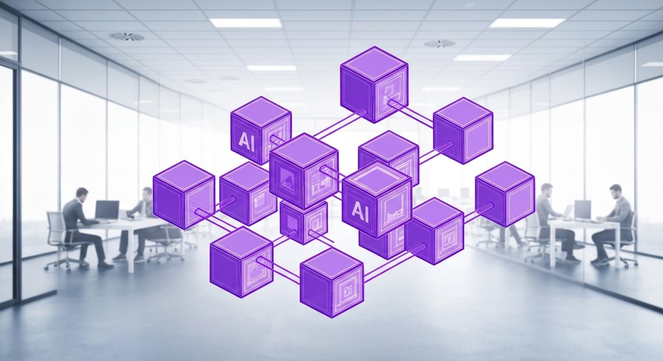 Abstract network of cubes symbolizing AI in a modern office with teams collaborating in the background