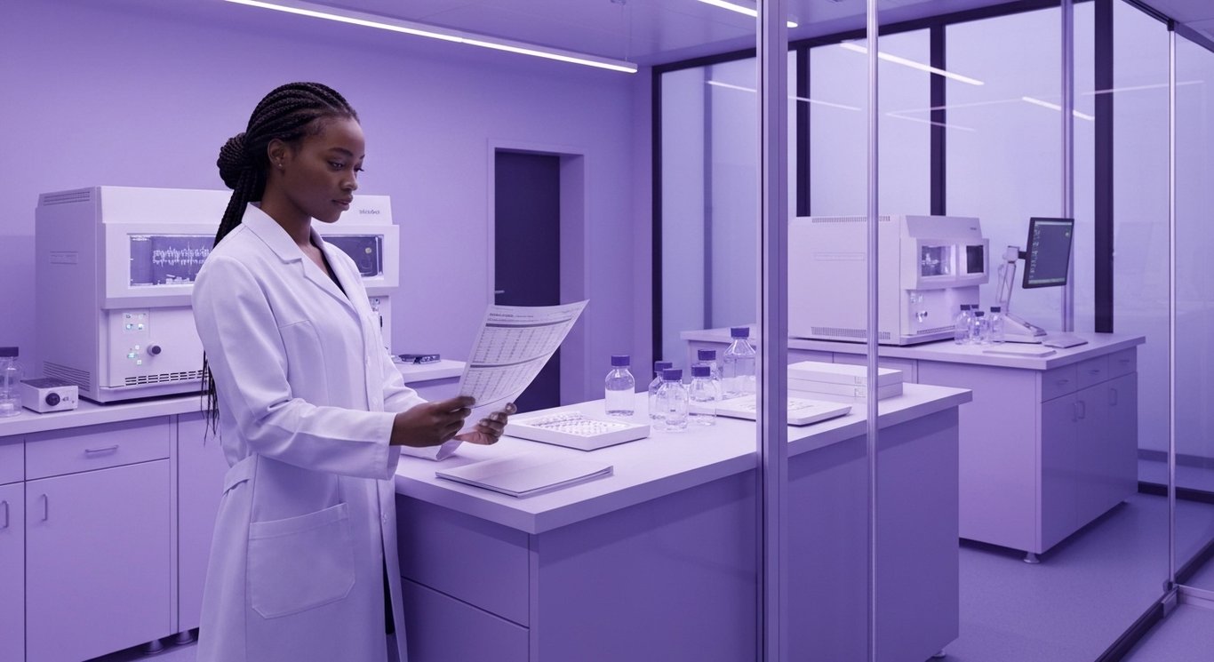 Laboratory scientist studies genetic results in a modern lab illuminated by soft purple lighting