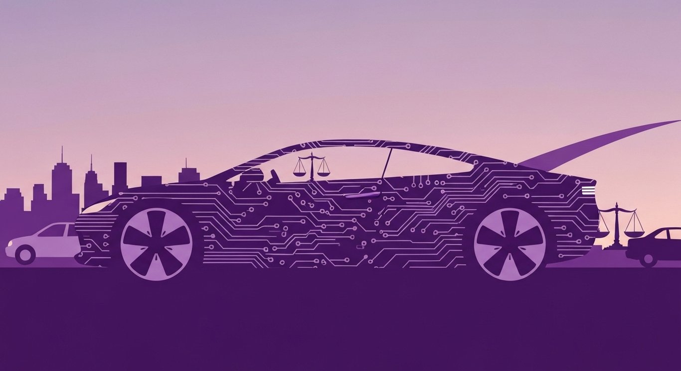 Futuristic electric car silhouette with circuit pattern before a dusk city, faint scales and cars, soft purple gradient