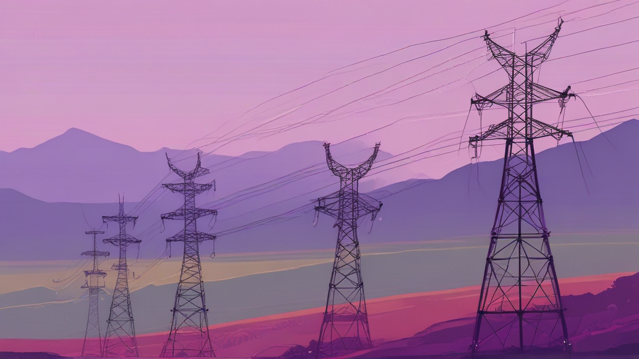 Electrical transmission towers across hills with forests under a clear sky