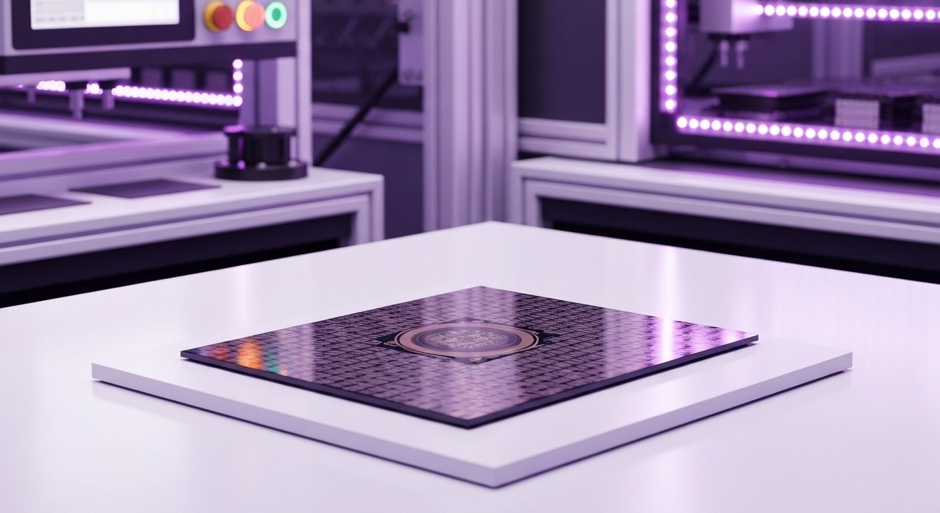 Futuristic semiconductor wafer on a laboratory workstation with advanced machinery in the background