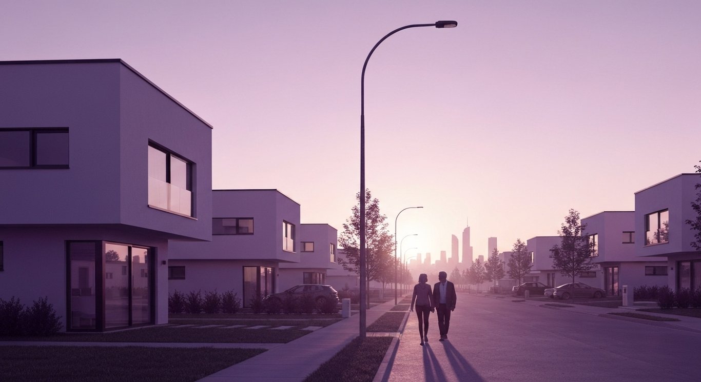 House on a quiet suburban street with similar homes, two midlife adults strolling under a soft purple dawn