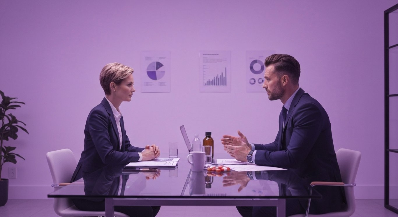 Two professionals at a glass table discussing pharmaceutical strategy with charts and pill bottles nearby