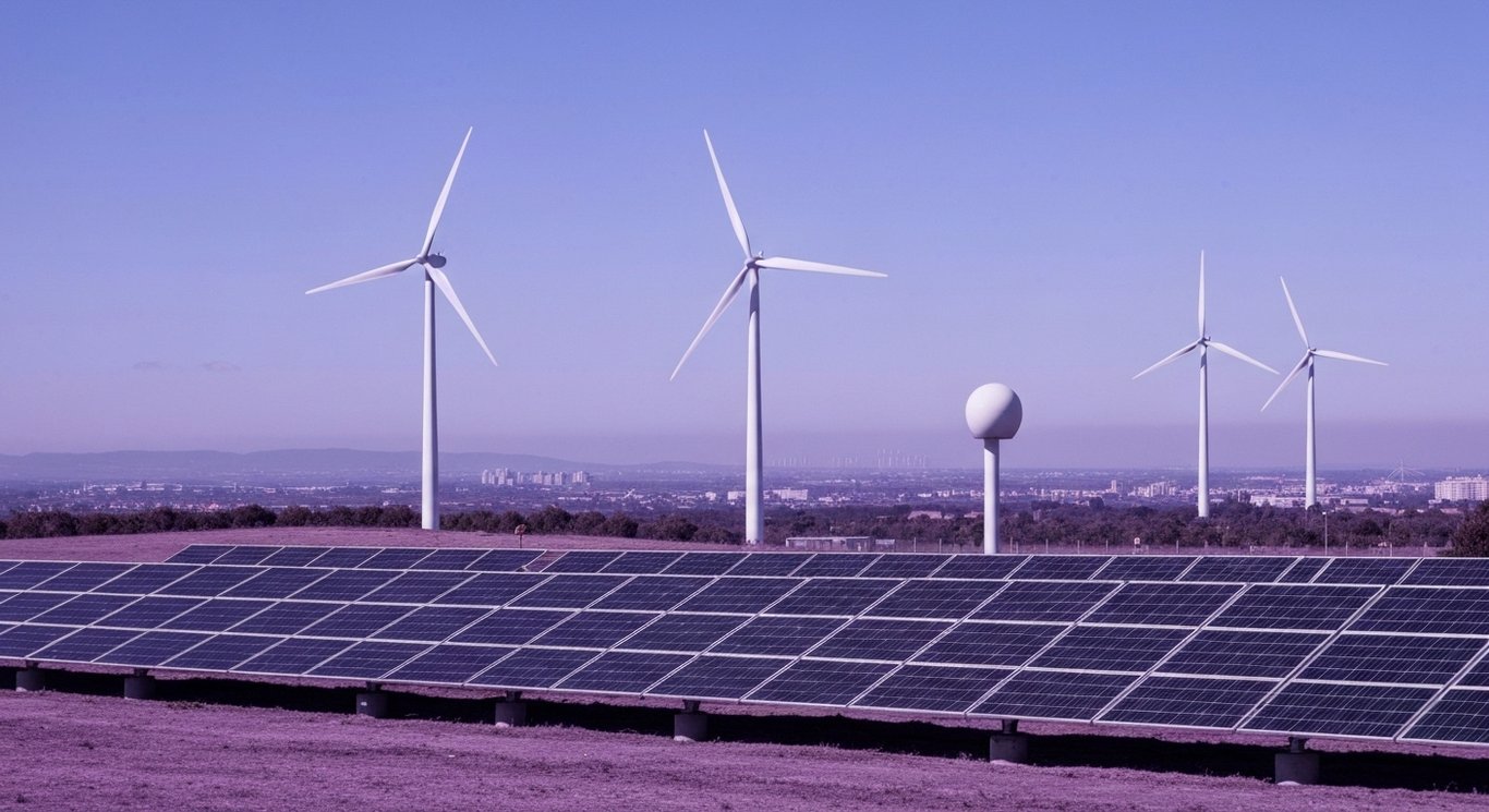 Wind turbines and solar panels on a landscape with a city skyline and a purple-toned clear sky