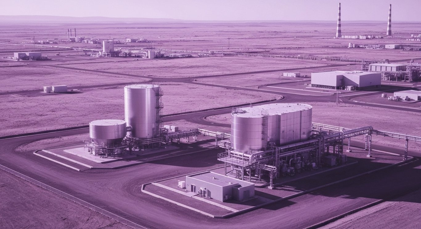 Modern carbon capture facility in an arid landscape with energy equipment and a subtle purple tone