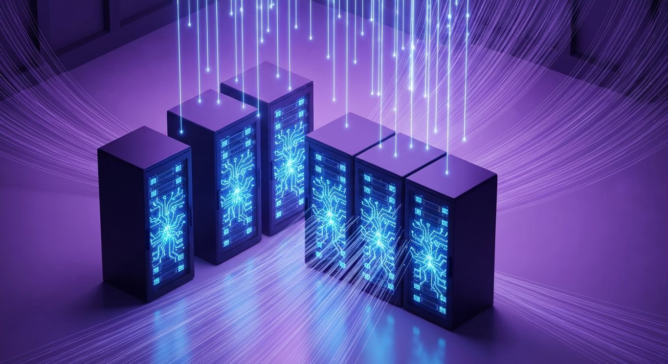 AI data center server racks with glowing circuitry in a vast hall, fiber optic lines converging amid soft purple haze