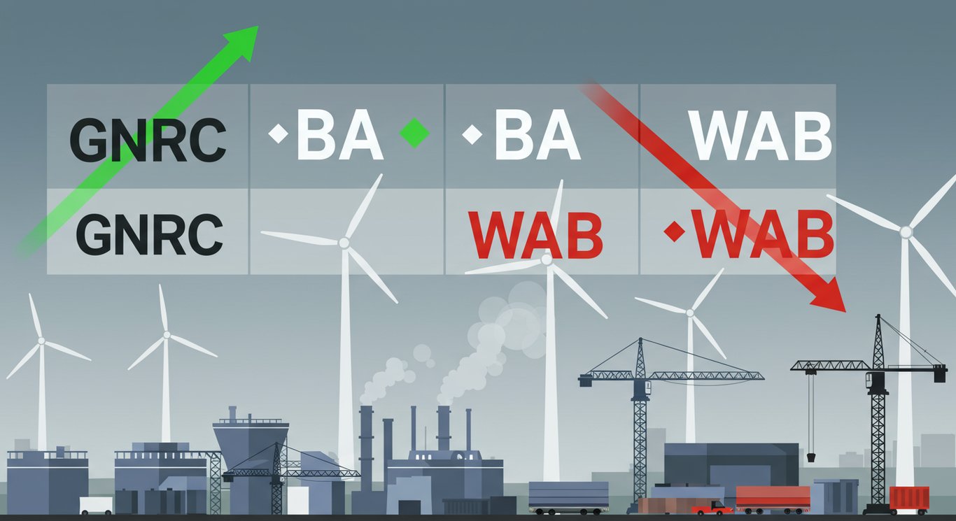 Stylized stock ticker showing diverging performance in the industrial sector with green arrows for gainers and red arrows for decliners, set against an industrial backdrop.