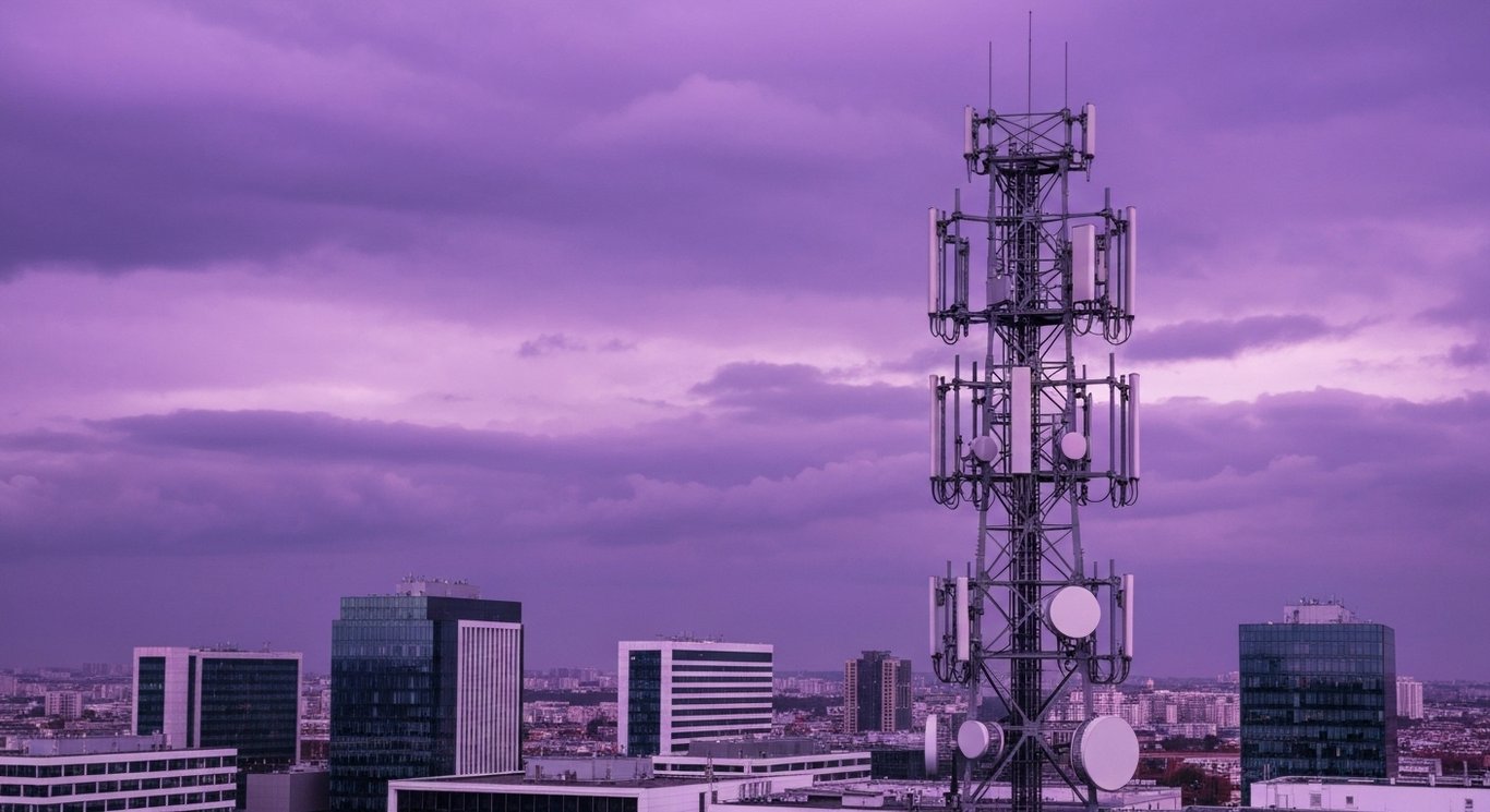 Cellular tower with antennas stands above a city skyline beneath a softly lit purple sky