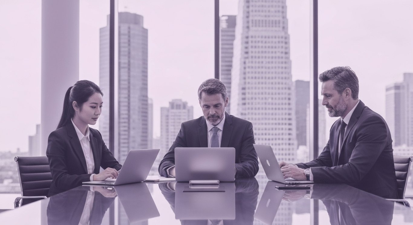 Modern office team at a meeting table with a city skyline visible through large windows