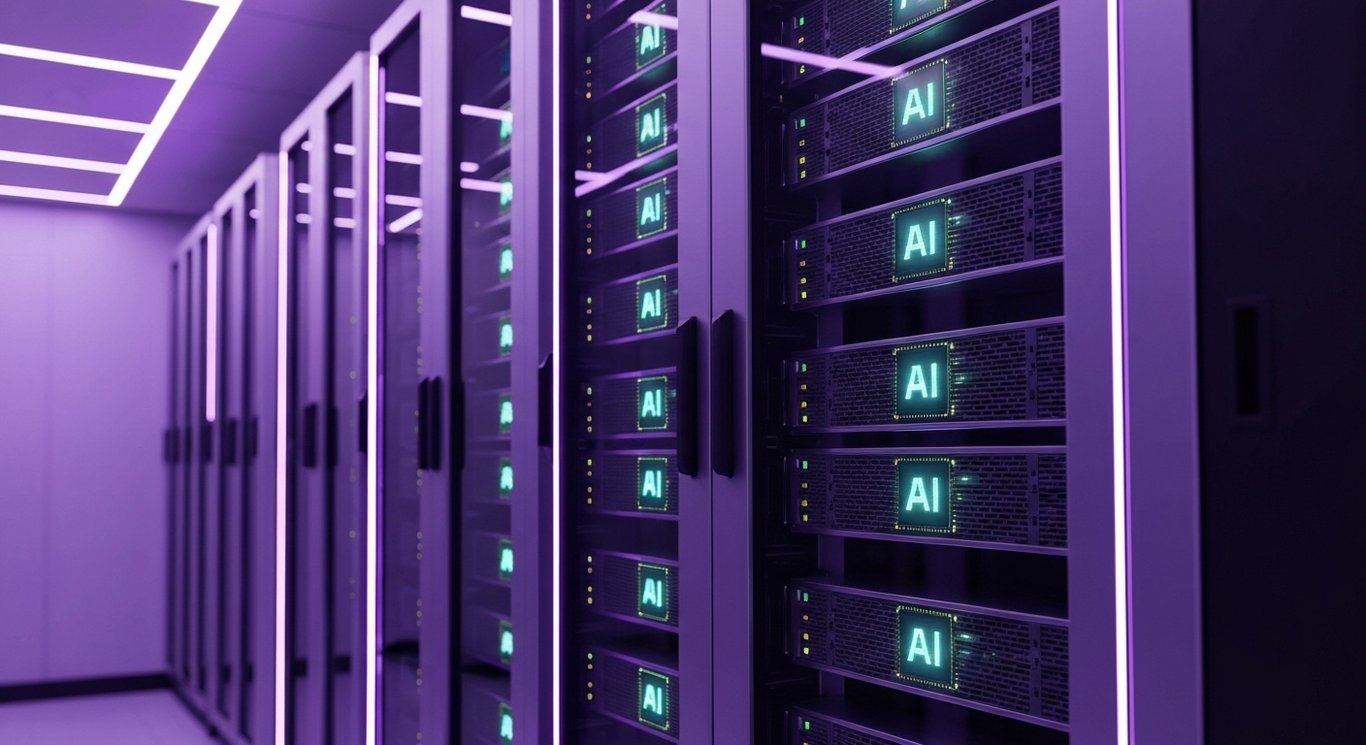Server racks with glowing AI chips in a sleek data center with purple accent lighting