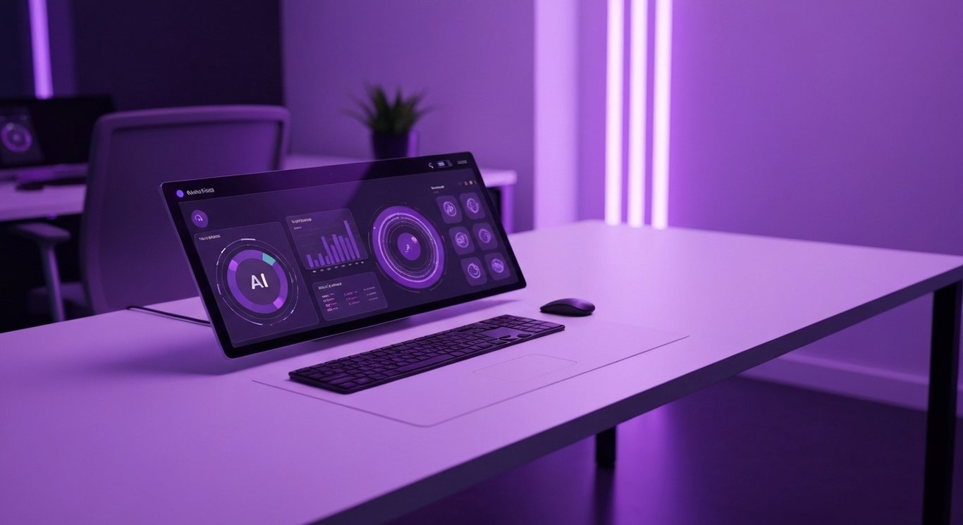 Modern AI interface with abstract data visuals in a sleek office with purple ambient lighting