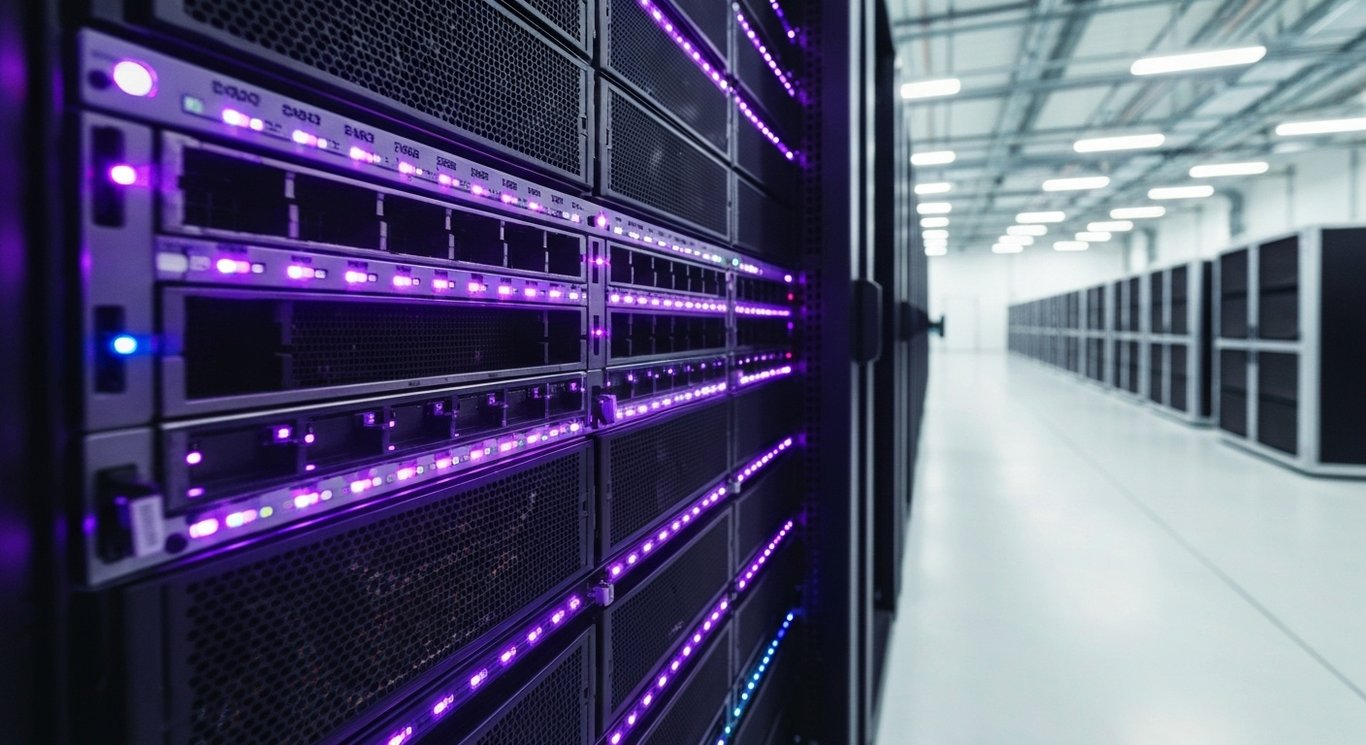 Server racks in a spacious data center with purple-toned lighting and distant cooling units