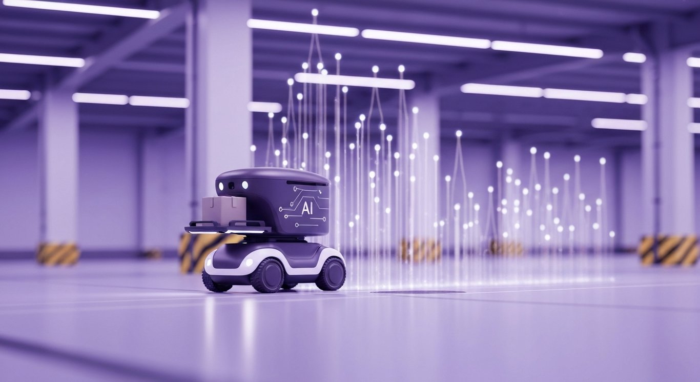 Autonomous delivery robot carrying a parcel in a modern logistics hub with soft circuitry patterns and rising light trails