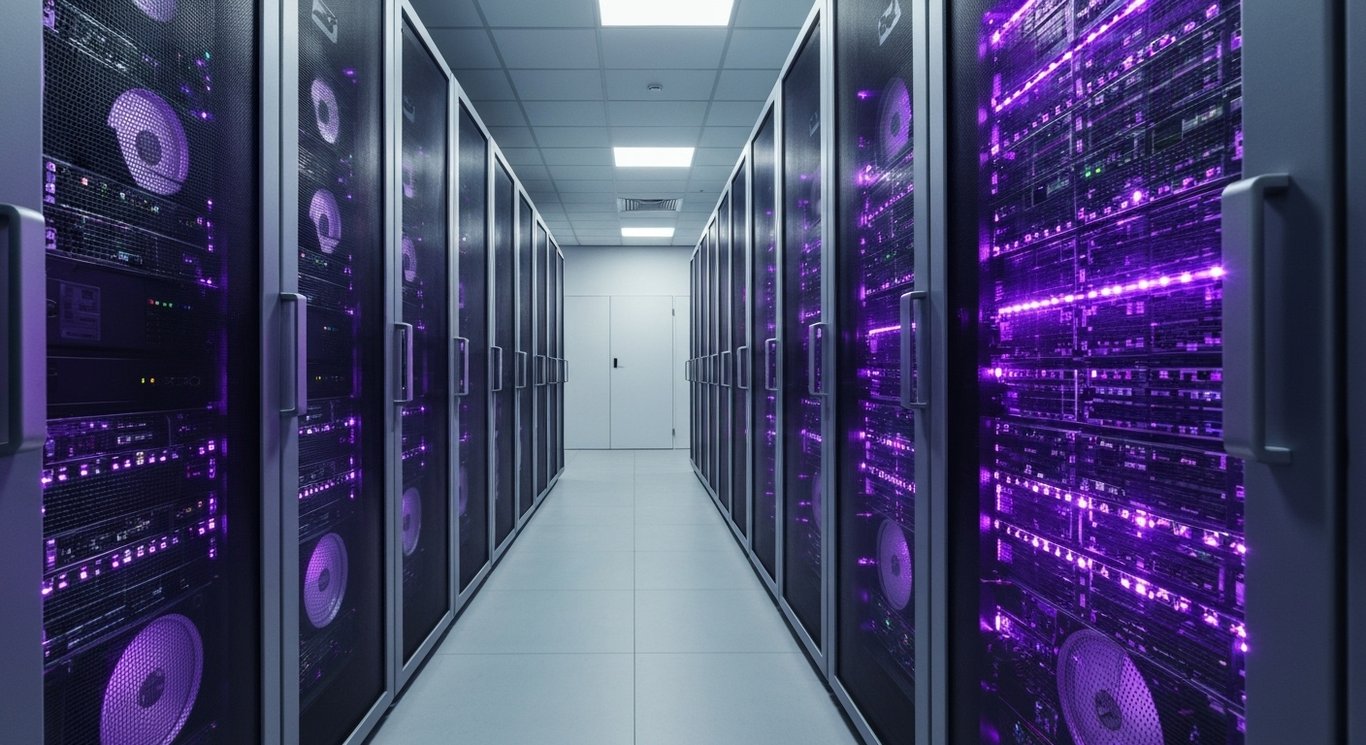 Computer server racks in a sleek, modern data center with a soft purple glow in the background