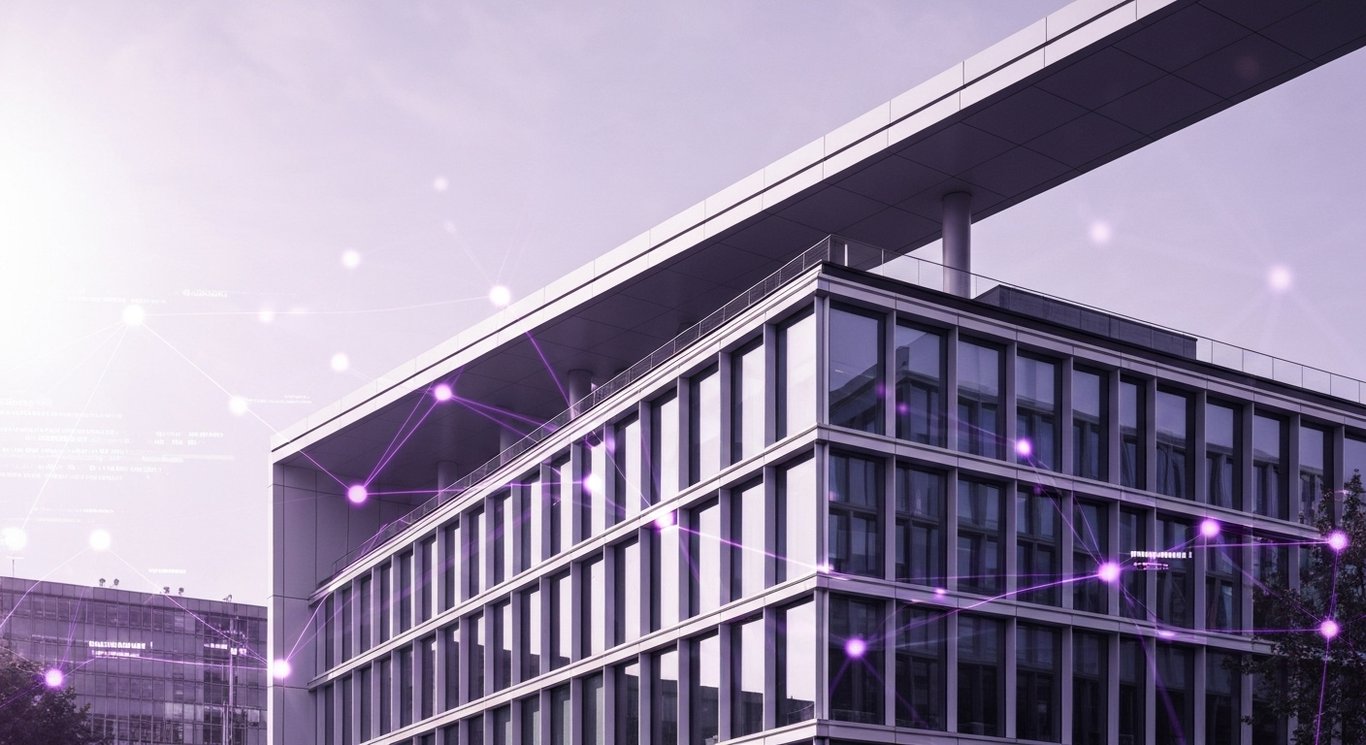 Corporate office building with digital network nodes and AI motifs blending into a purple-hued background