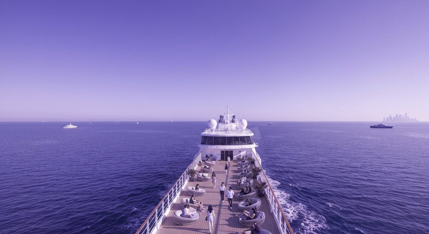 Cruise ship at sea with young travelers on deck and a soft purple minimalist background