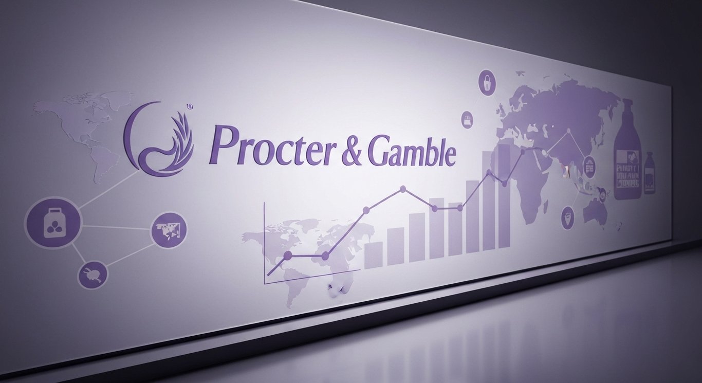 Logo in frosted glass with abstract growth charts, leadership icons, supply chain nodes, consumer staples earnings, dividends