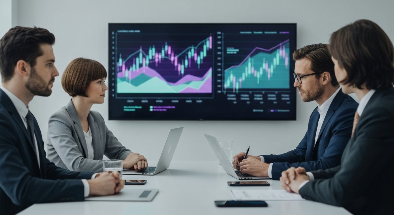 Business professionals at a sleek table with abstract financial graphs on purple screens in the background
