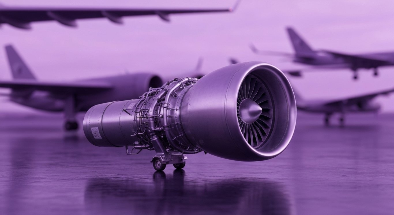 Jet engine on a reflective surface with blurred aircraft shapes and a purple-toned background