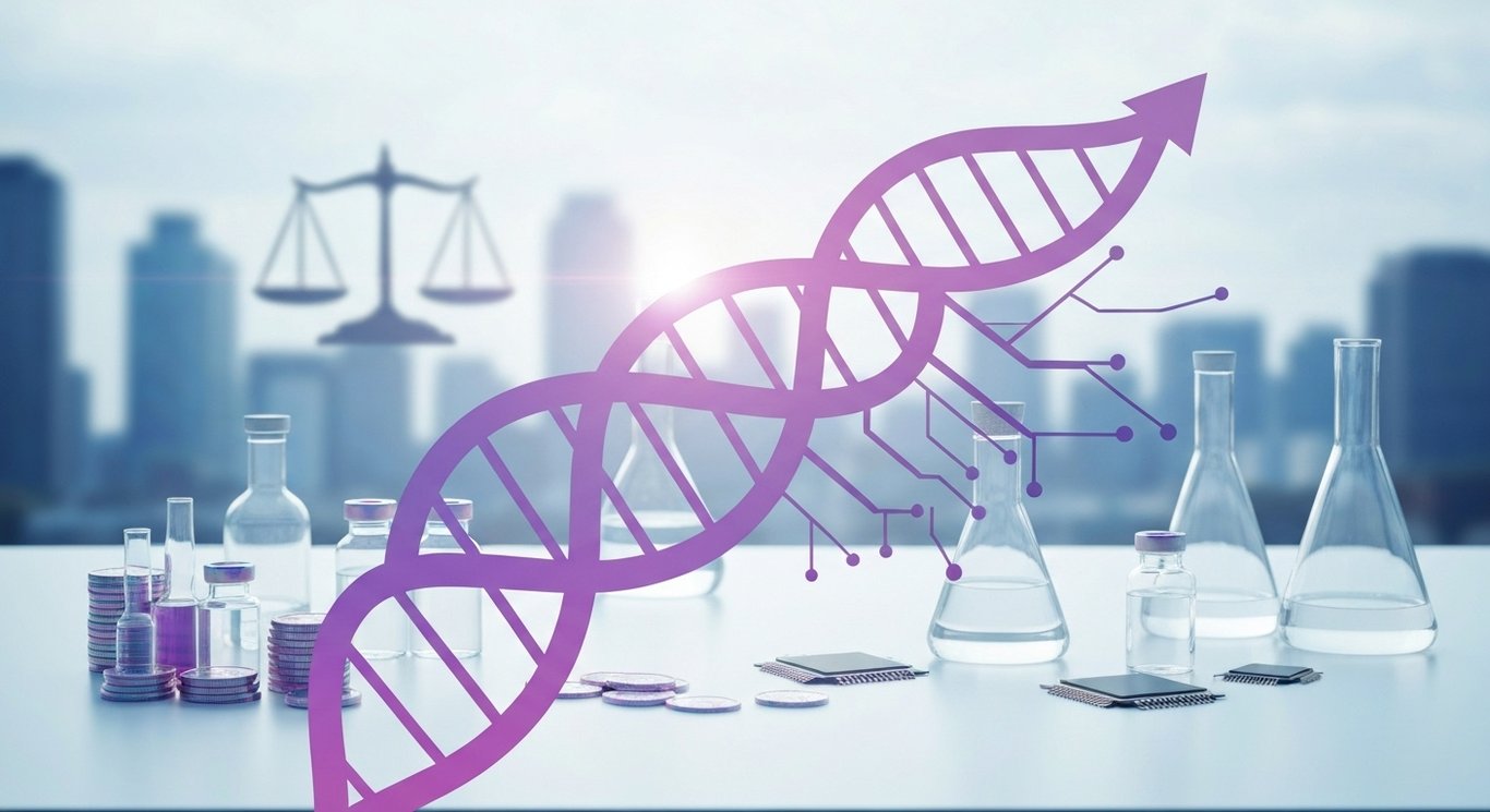 DNA helix with rising arrow and branching paths on a lab bench with vials, microchips, and a distant skyline