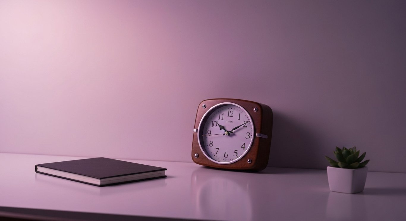 Analog wall clock on a tidy white desk beside a notebook and plant, with a soft purple background