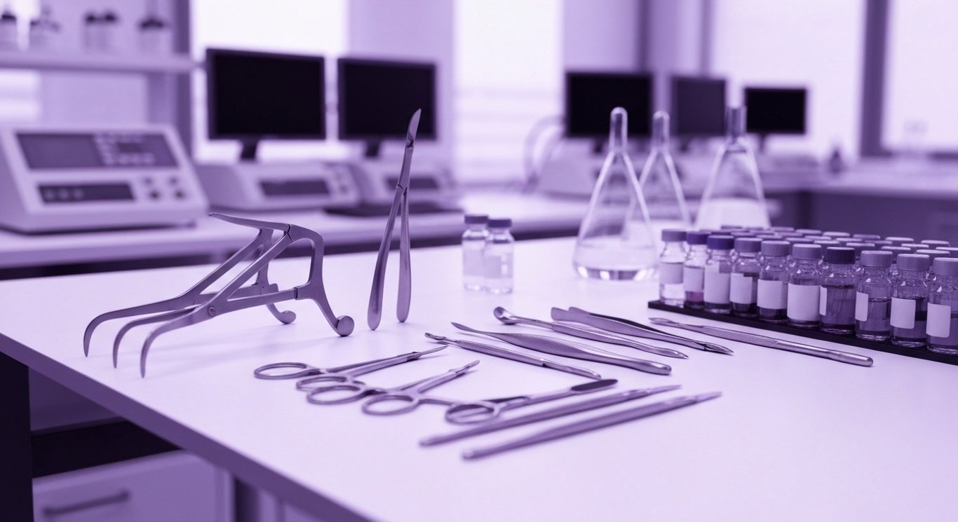 Medical vials and surgical tools arranged in a modern lab with soft purple lighting