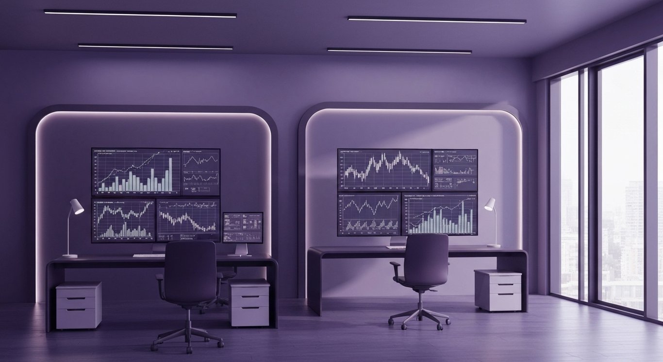 Modern office workspace featuring digital screens with financial graphs and a purple-themed minimalist design