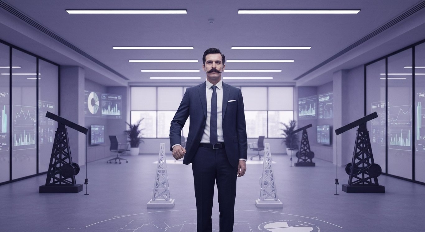 Senior business executive at a desk with abstract charts and oil rigs in a minimalist purple office