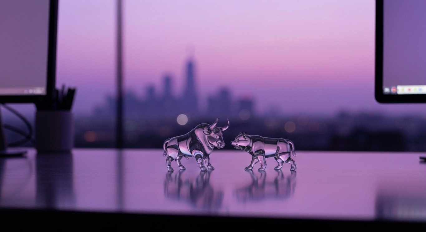 Figurines of glass bull and bear on glossy desk with blurred monitors and soft purple glow