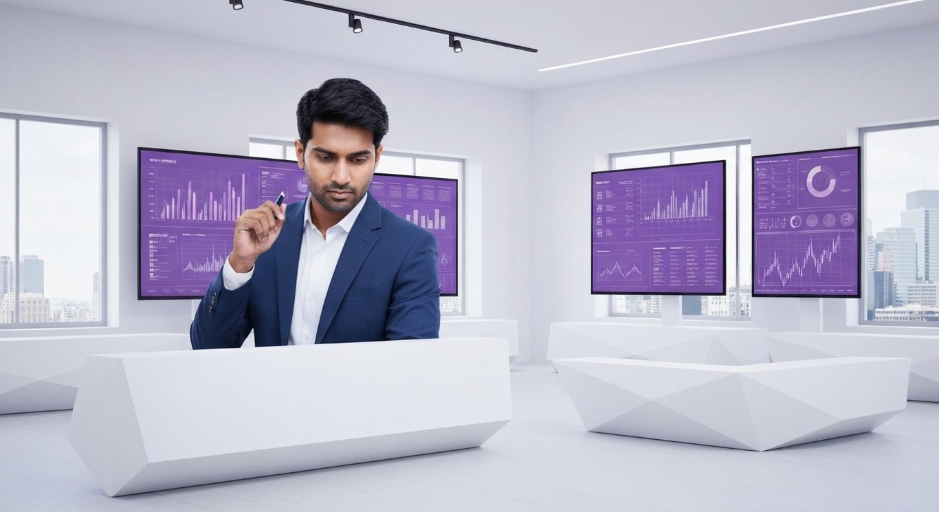 Businessman in suit studying financial data on screens in a modern office with a purple-themed city backdrop