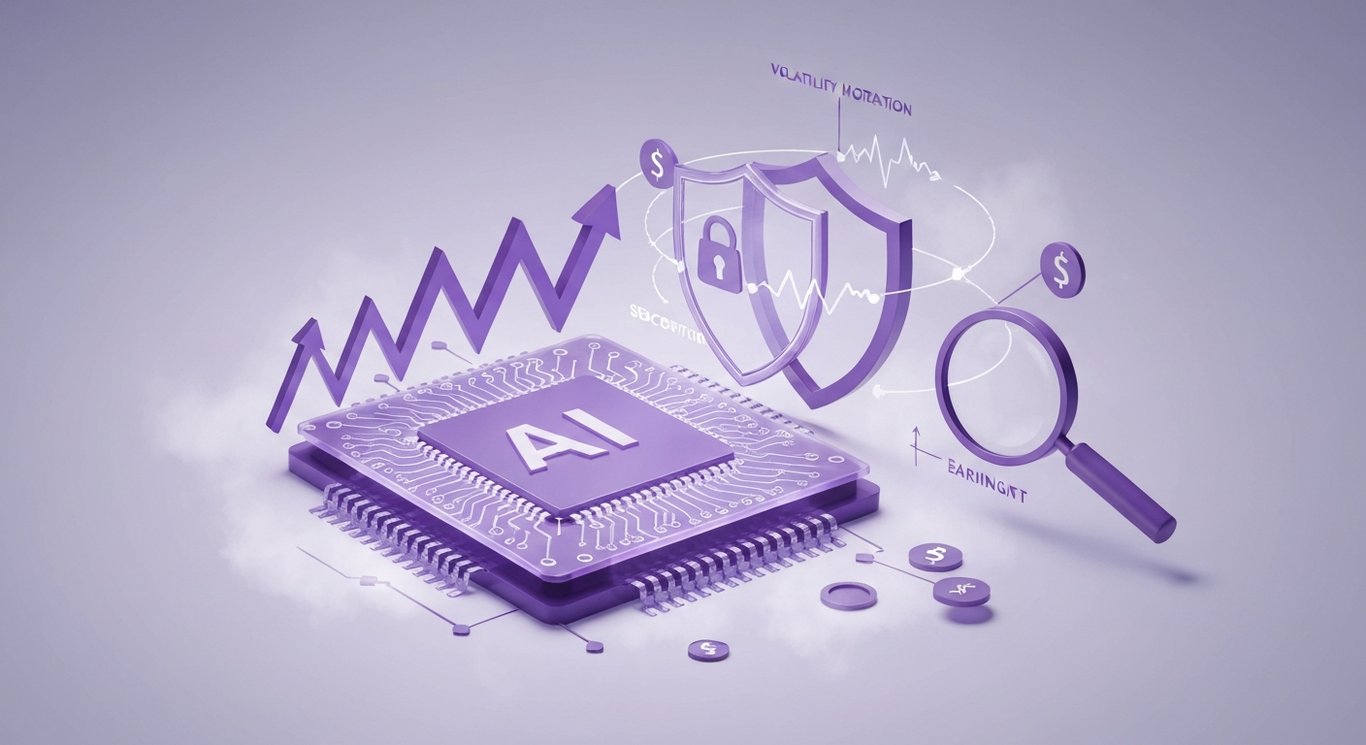 AI chip with diverging market arrows showing capex surge, volatility, defensive rotation, Fed rate risks, earnings sensitiv