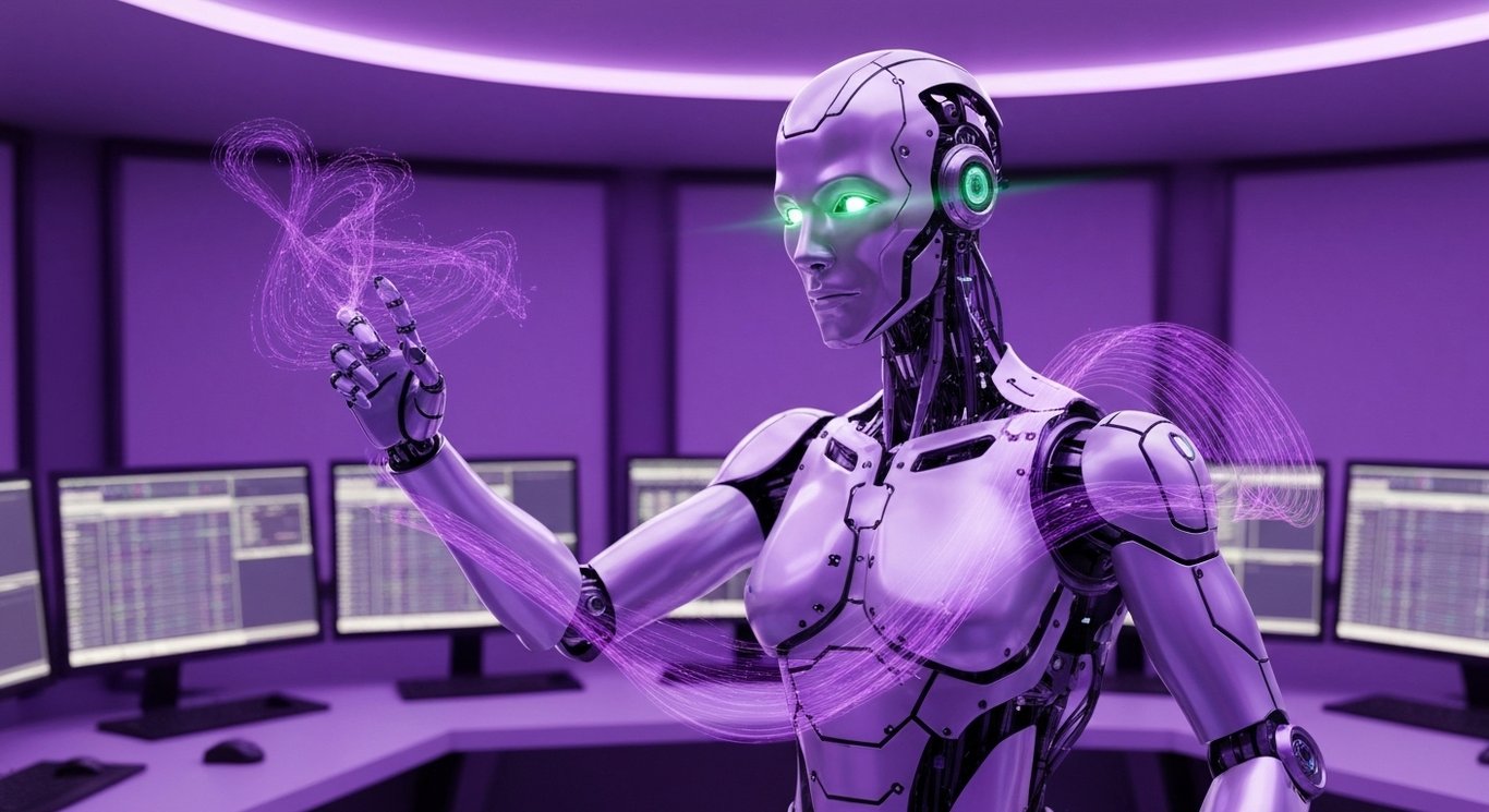 Futuristic robot with glowing data streams in a sleek high-tech room accented by purple lighting