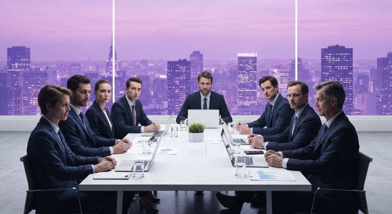Business executives meeting at a modern conference table with financial charts, city lights in the background