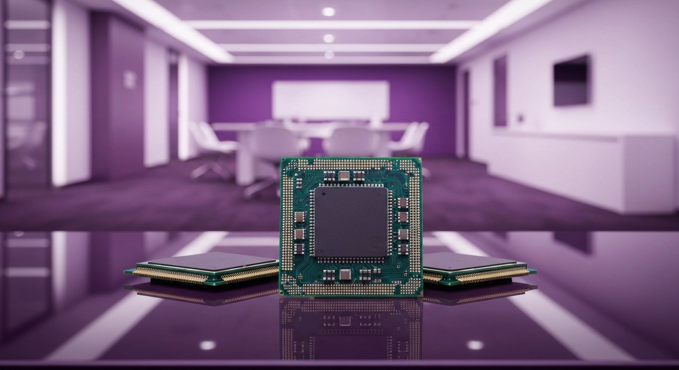 High-performance computer chips displayed on a reflective surface with a modern office setting in the background