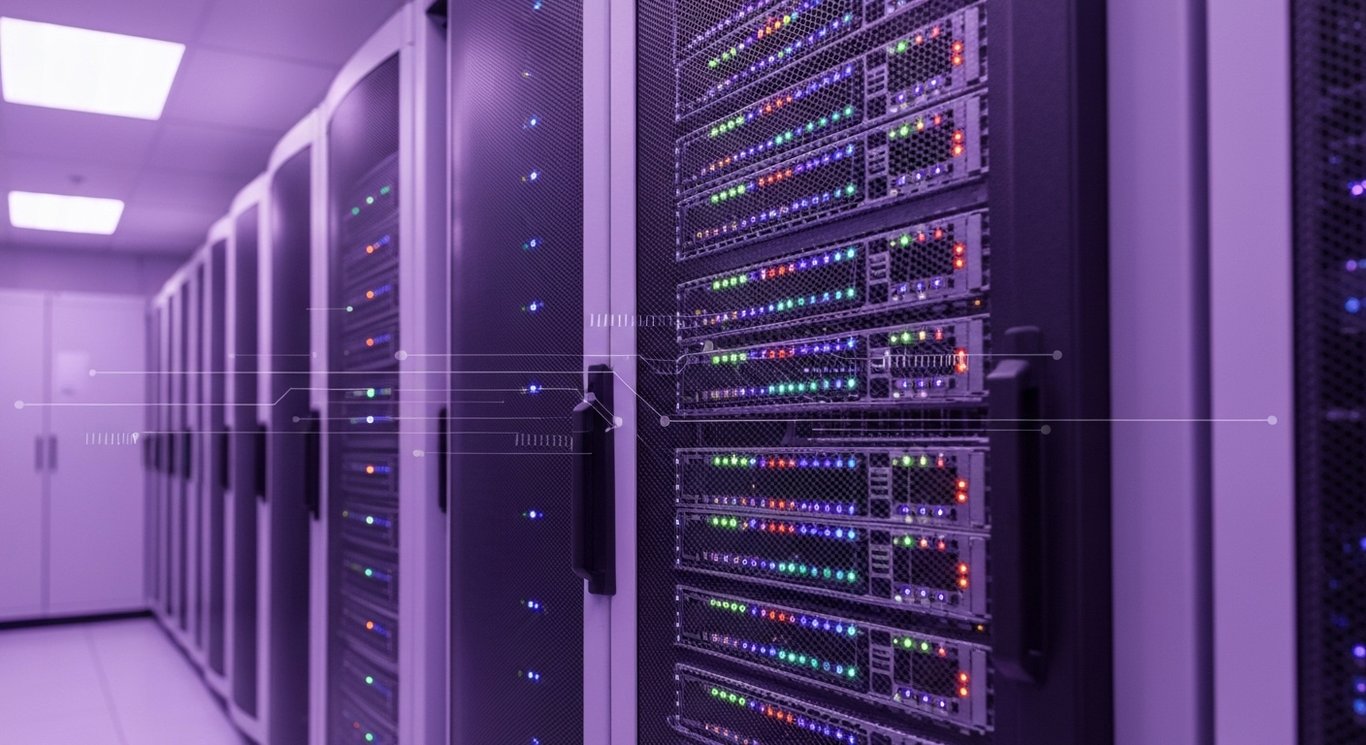 Modern server racks in a high-tech data center with digital overlays and a purple-themed ambiance