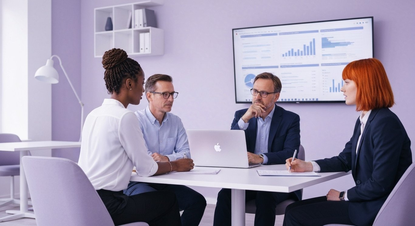 Executive business meeting with diverse professionals in a modern bright office