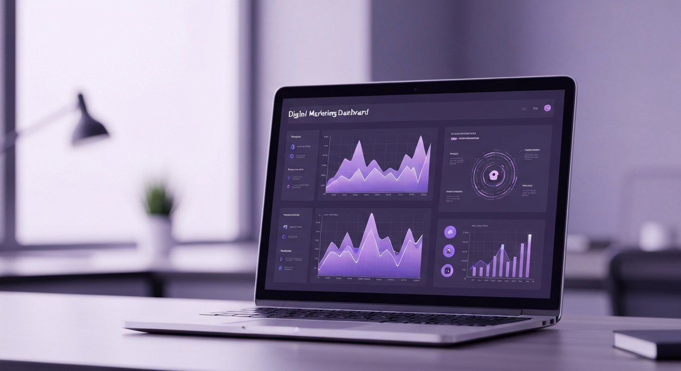 Modern laptop displaying digital marketing dashboard with abstract glowing graphs in a softly blurred office setting