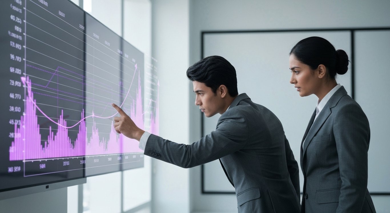 Businesspeople in suits reviewing upward-trending data charts in a modern office with abstract purple-hued background